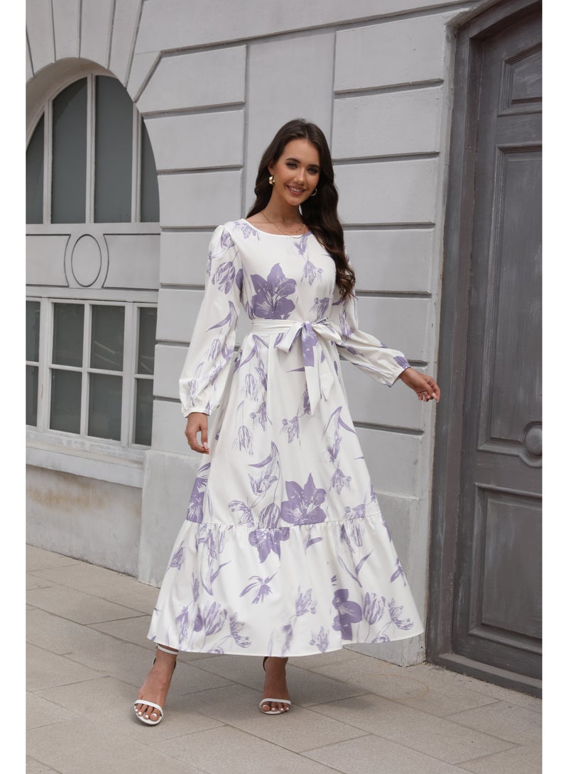 Maxi Dresses for Curvy Women Casual 3/4 Sleeve Crewneck Floor Length Floral Print Dress with Belt - Image 1